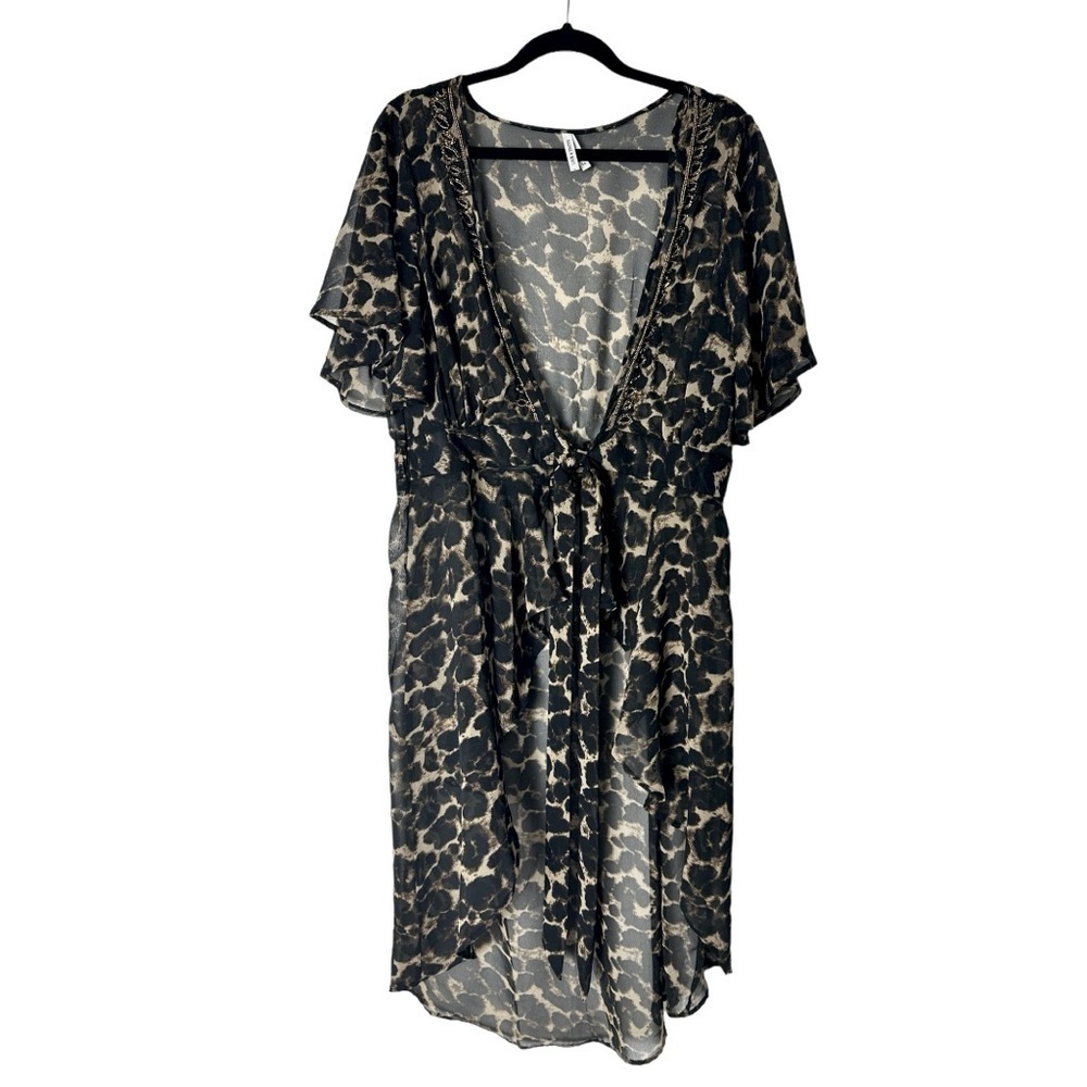 Live 4 Truth Sheer Animal Print Beaded Hi Low Duster Kimono Cover Up 1X Boho